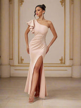 Ruffled One Shoulder Split Ruched Wedding Guest Dress